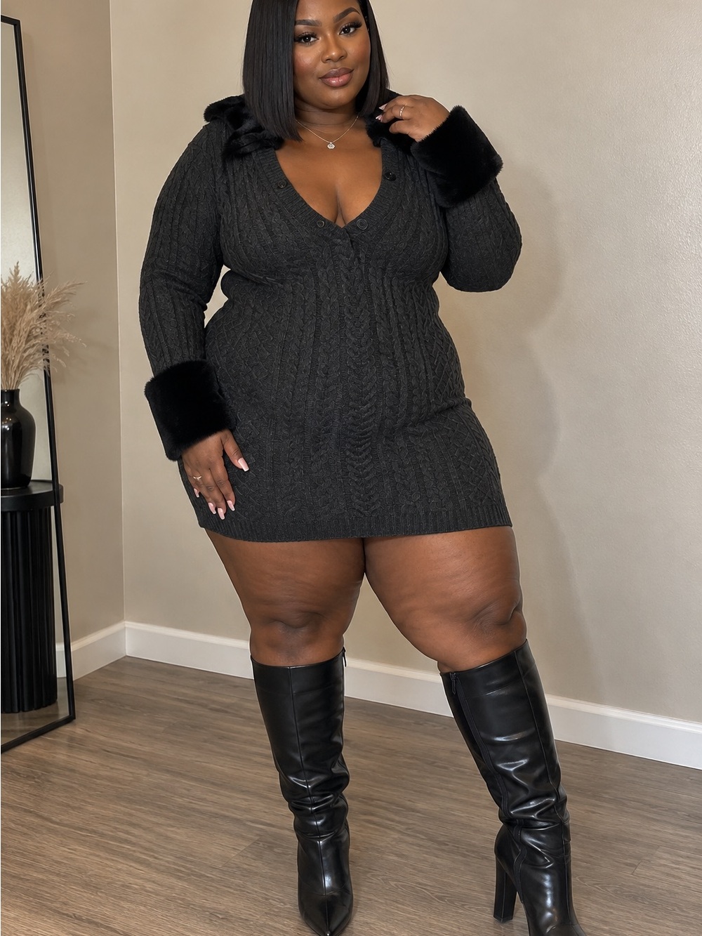 Fashion Nova Black Cable Knit Sweater Dress with Faux Fur Trim